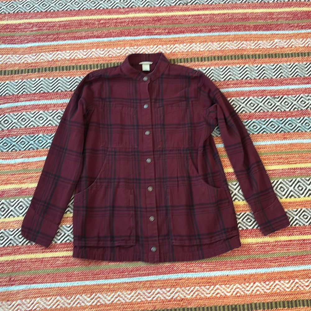 Duluth‎ Trading Deep Red Plaid Stand Collar Flannel Snap Close Shirt Womens XS